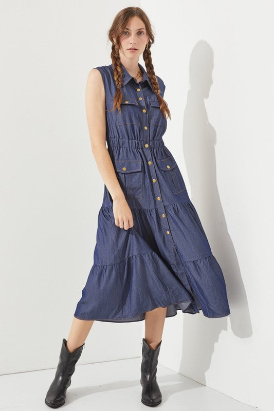Full view of PLUS SLEEVELESS BUTTON DOWN COLLARED DENIM DRESS