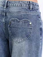 Blue denim jeans with a heart-shaped pocket design.