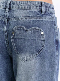 Blue denim jeans with a heart-shaped pocket design.