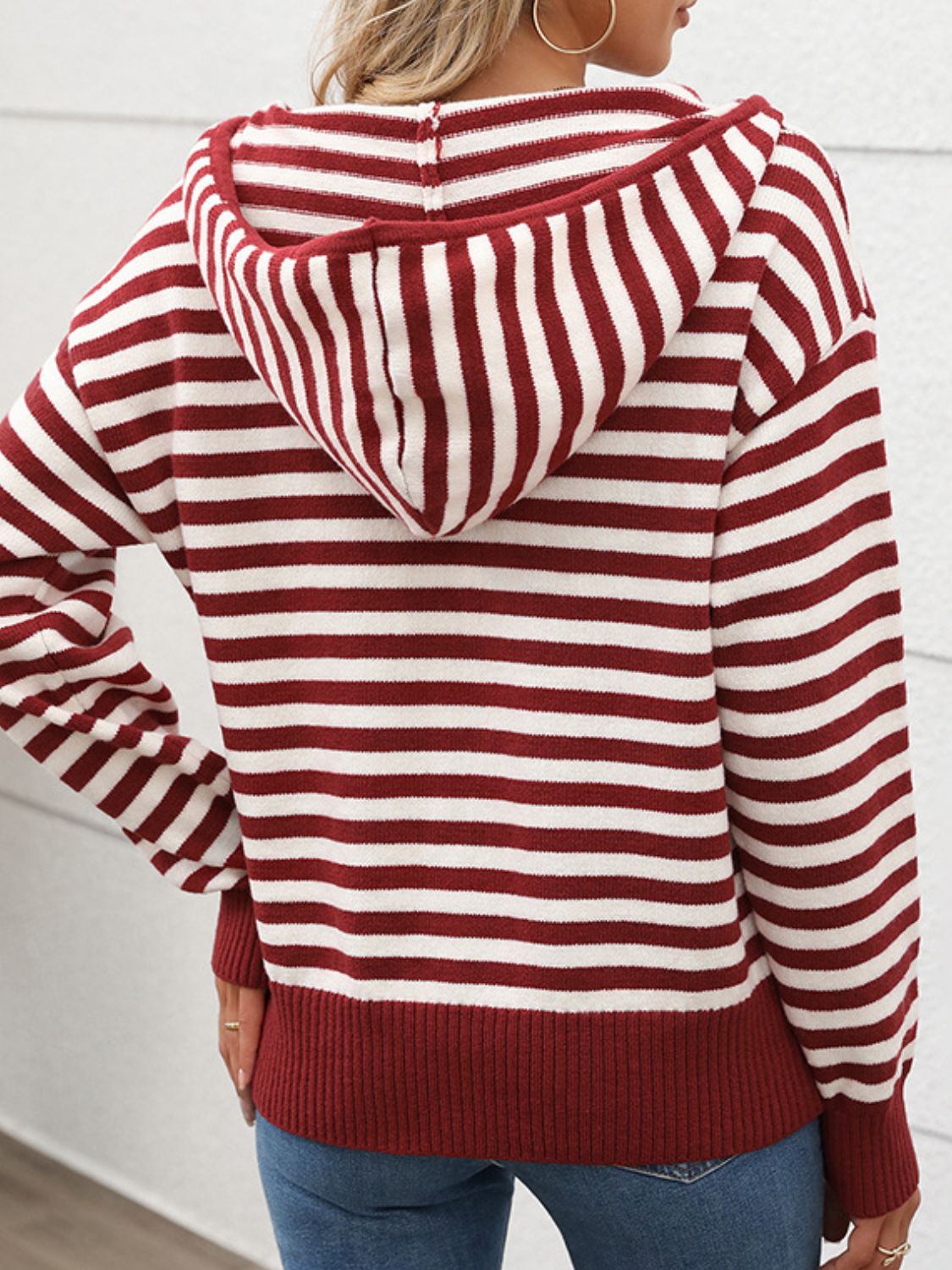 Back view of Perfee Striped Long Sleeve Hooded Sweater