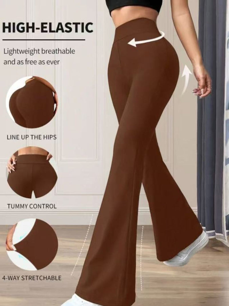 Brown high-waisted pants with text highlighting features on a neutral background