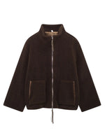 Brown fleece jacket with a zipper on a white background