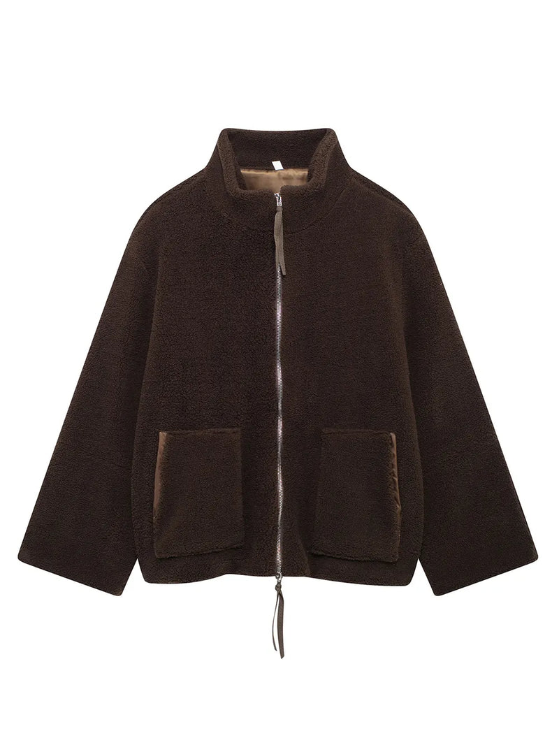 Brown fleece jacket with a zipper on a white background