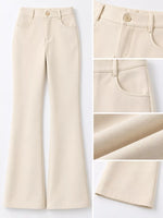 Beige flared pants shown on a white background, with a main full-length view and three detail inset panels highlighting the button waist, front pocket, back pocket, and fabric texture.