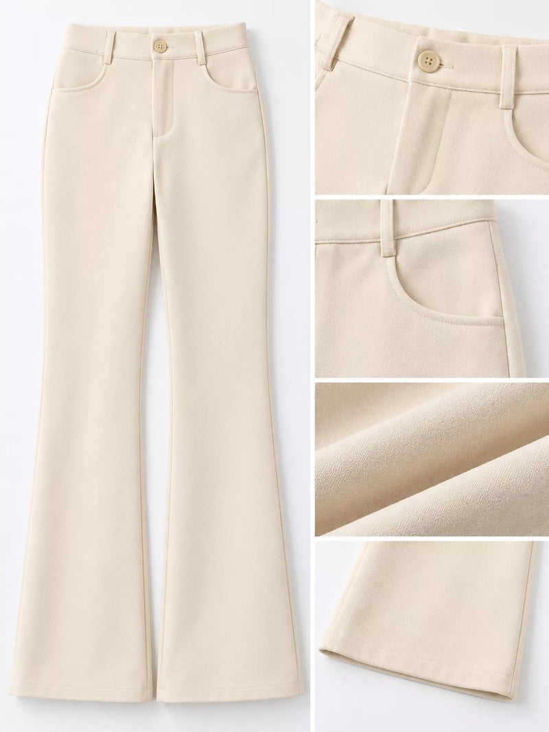 Beige flared pants shown on a white background, with a main full-length view and three detail inset panels highlighting the button waist, front pocket, back pocket, and fabric texture.
