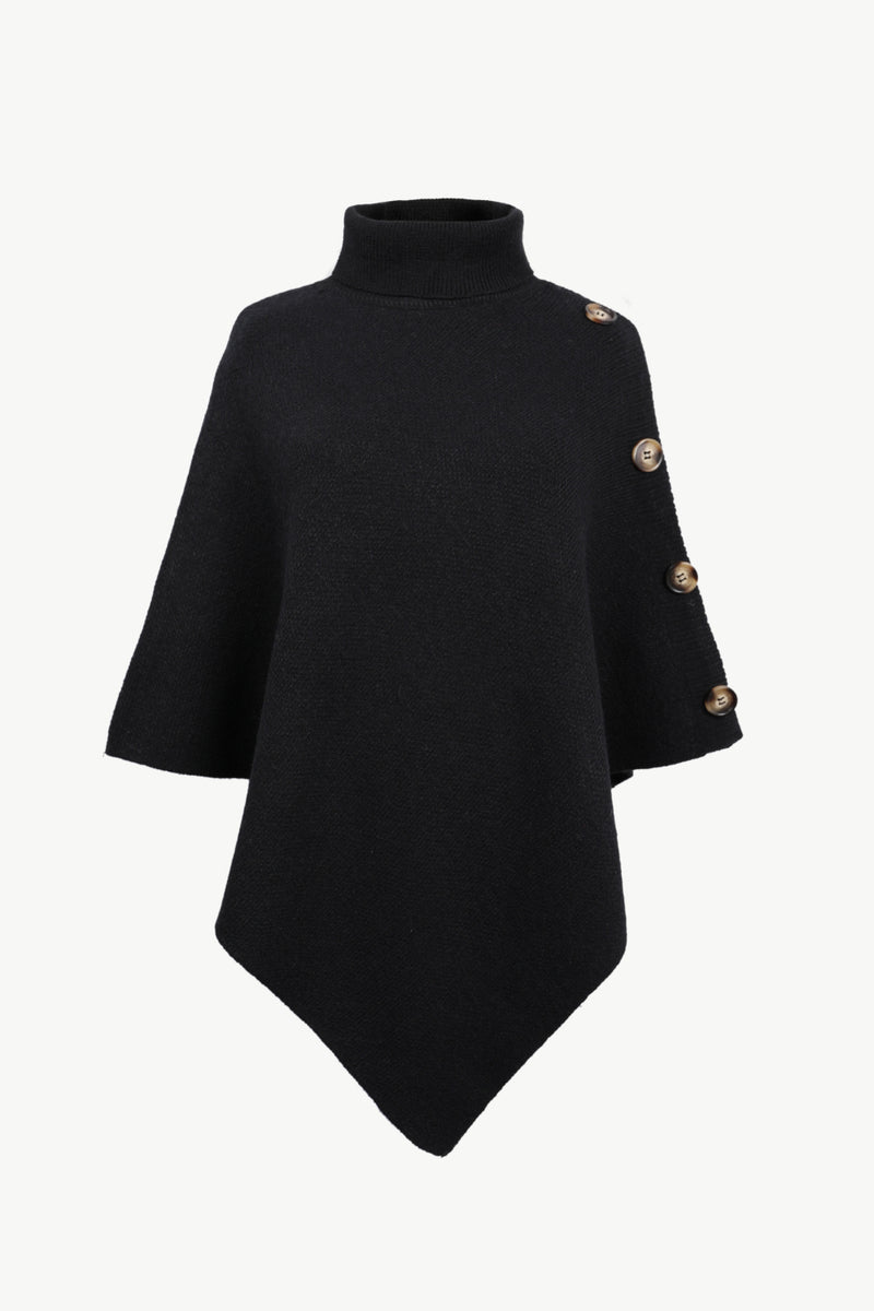 Black poncho with gold buttons on a white background