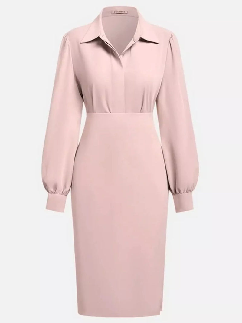 Pink dress with long sleeves on a light gray background