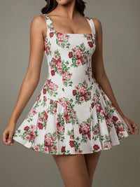 Floral dress with red and pink flowers on a white background