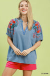 Women's Summer Blue Umgee Embroidered Denim Puff Sleeve Top