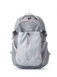 Gray backpack with a visible brand logo on a white background