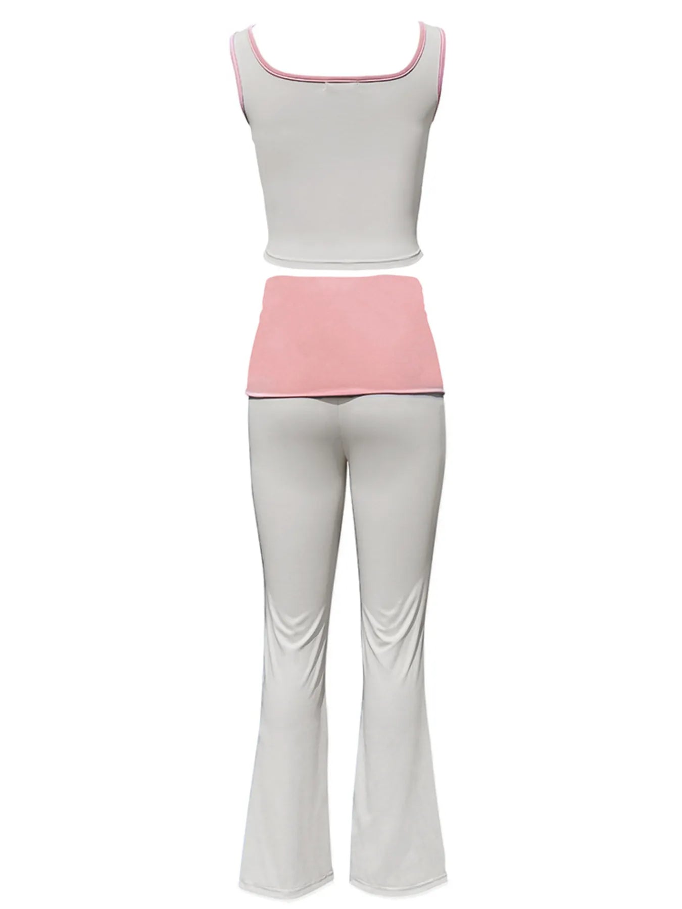 White tank top and light gray pants with pink waistband on a white background