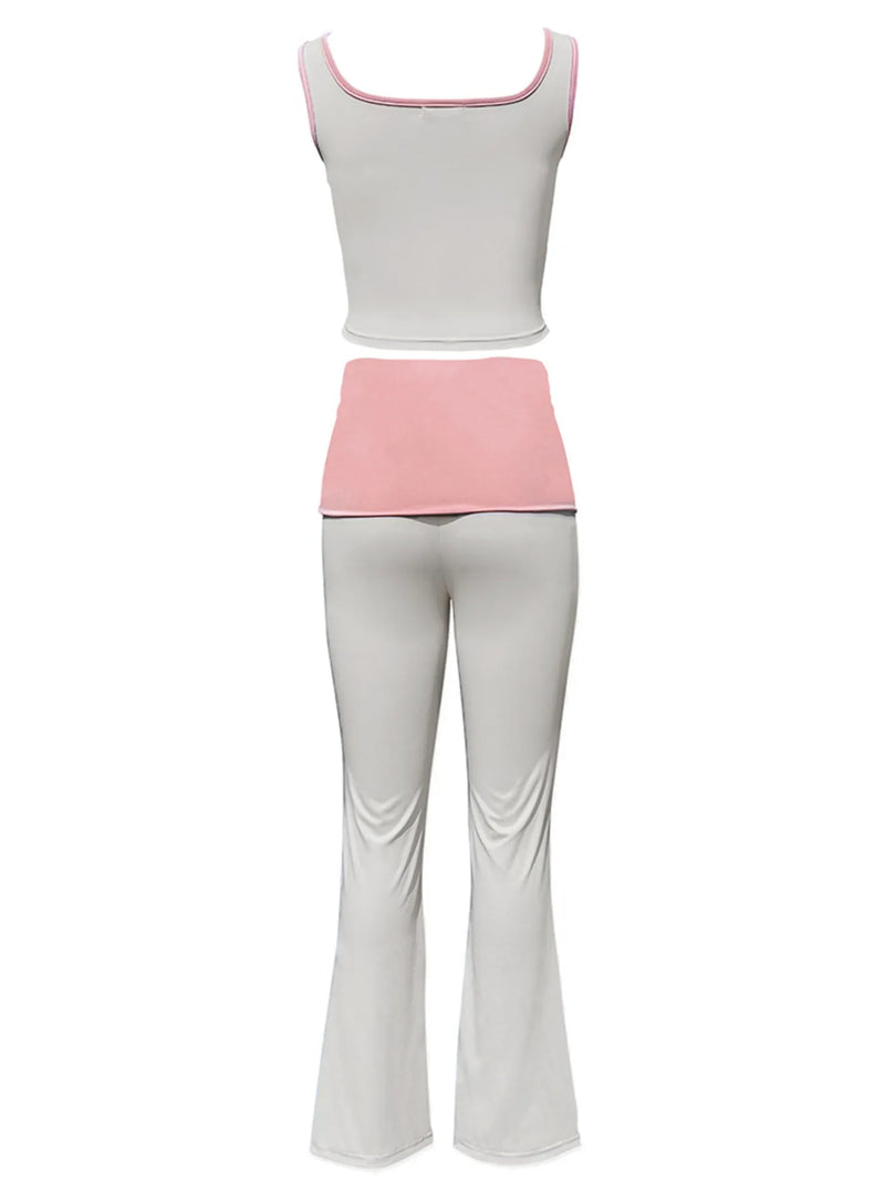 White tank top and light gray pants with pink waistband on a white background