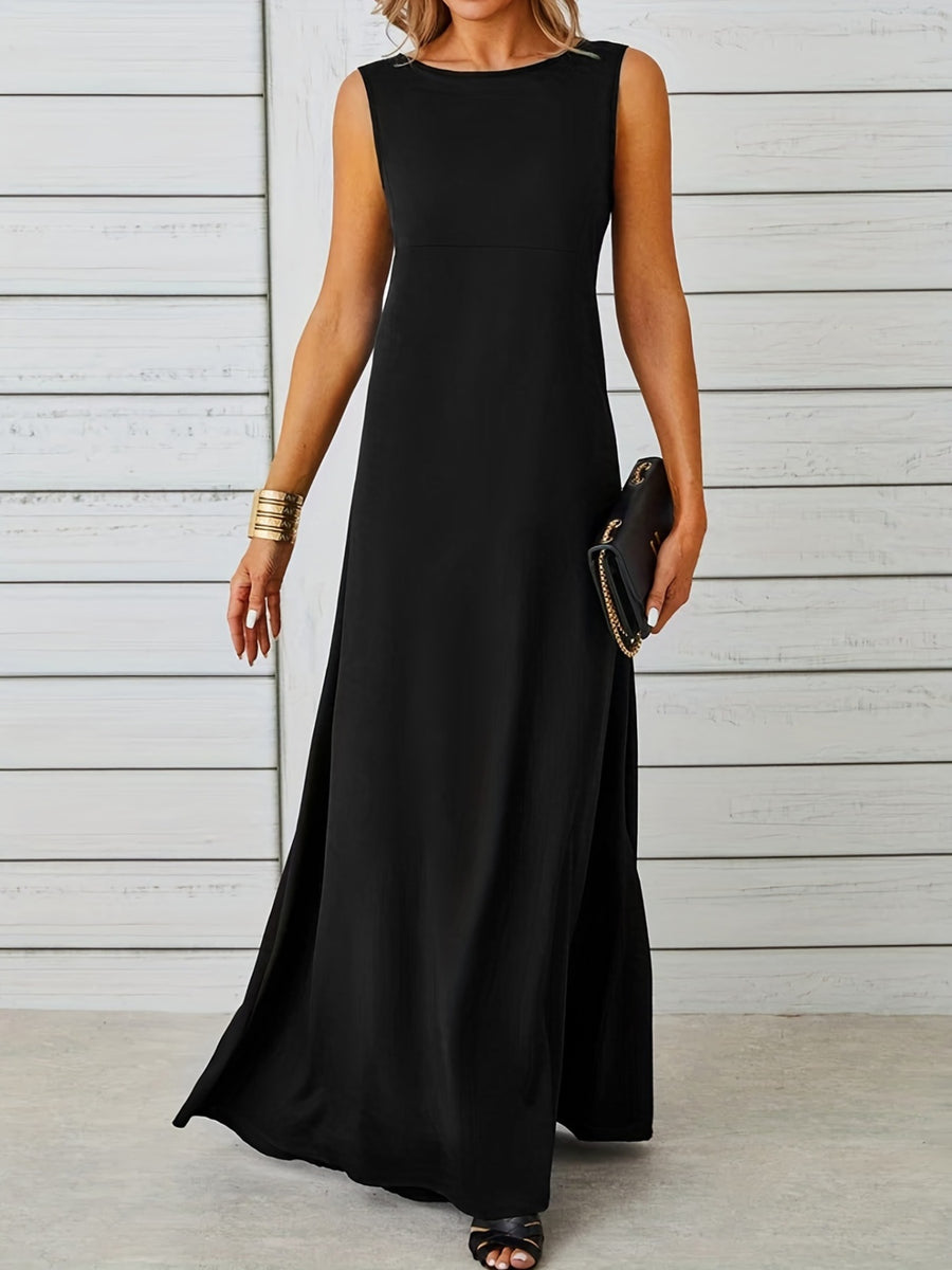 Woman wearing a black sleeveless dress against a light wooden panel background