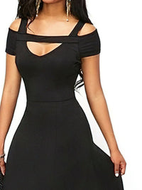 Black off-shoulder dress worn by a model on a white background