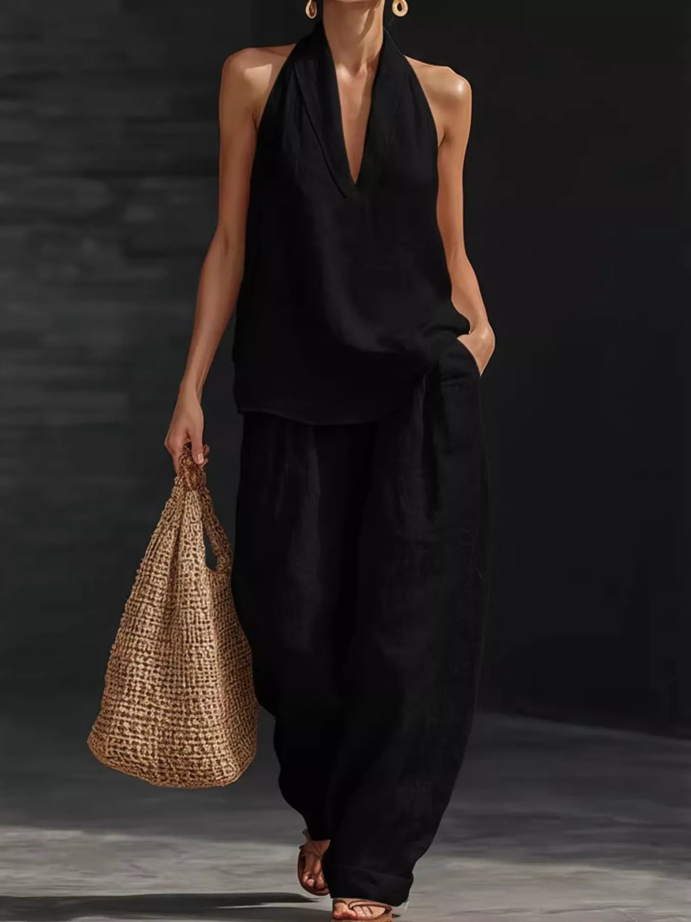 Person wearing a black outfit holding a woven bag against a dark background