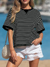 Stripe Ribbed Patchwork Seam Detail Half Sleeve Tee