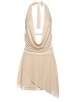 Beige halter neck dress on a white background