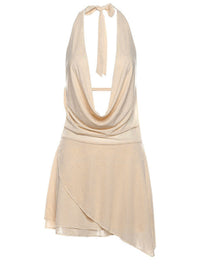 Beige halter neck dress on a white background