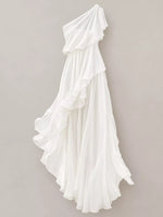 White One-Shoulder Ruffled Chiffon Maxi Dress on a white background