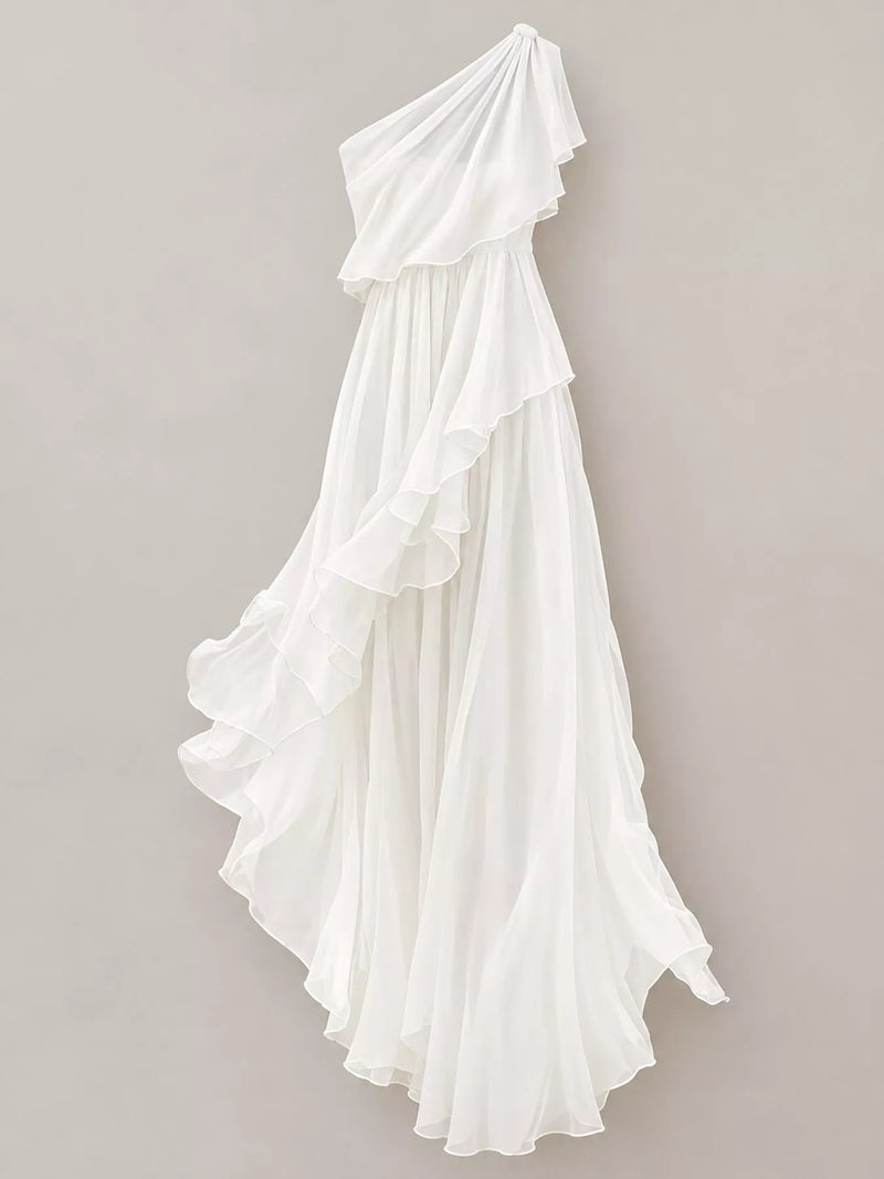 White One-Shoulder Ruffled Chiffon Maxi Dress on a white background