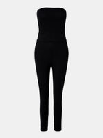 Black strapless jumpsuit on a white background