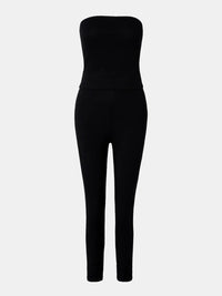 Black strapless jumpsuit on a white background