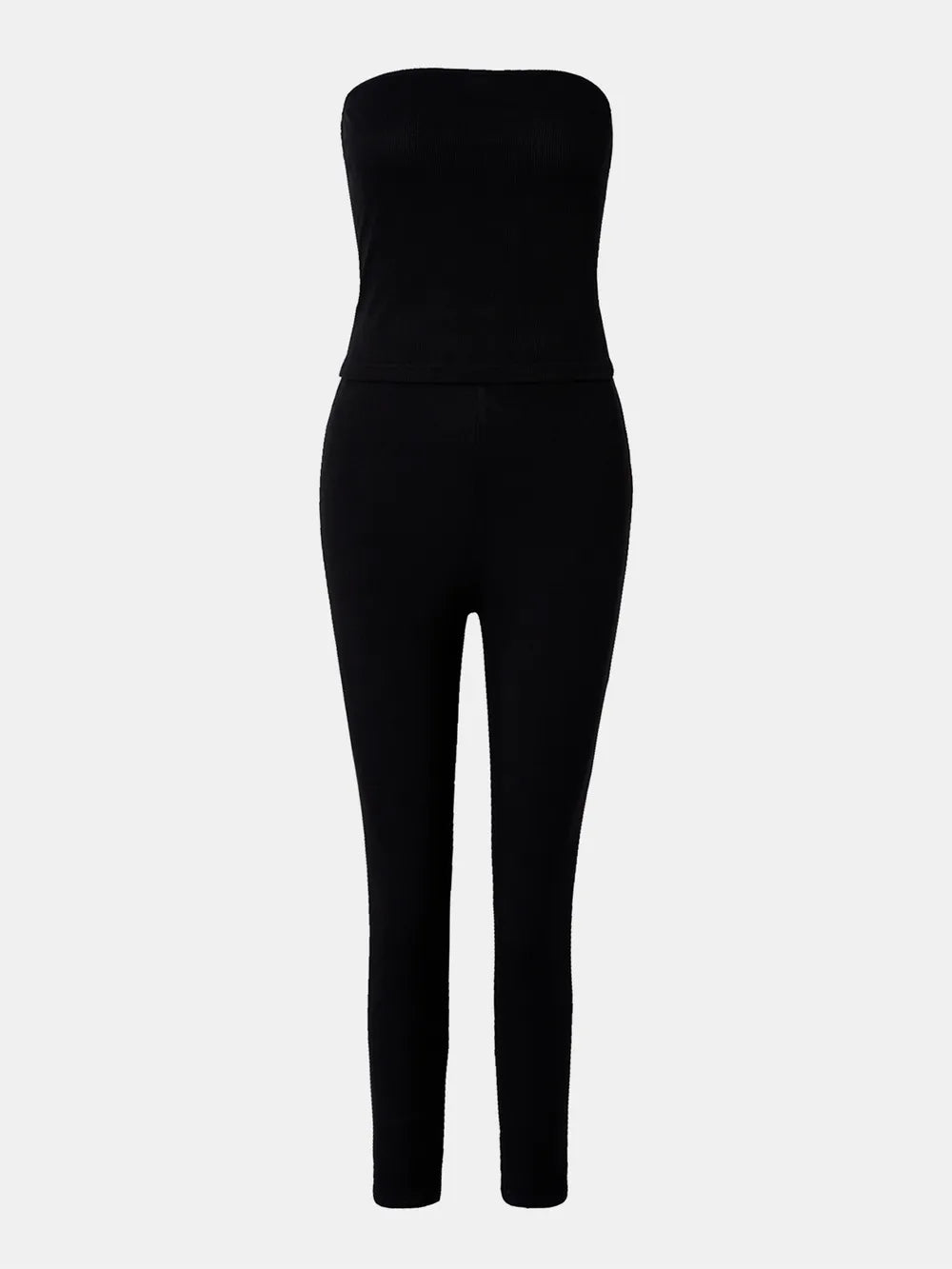 Black strapless jumpsuit on a white background