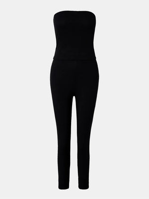 Black strapless jumpsuit on a white background