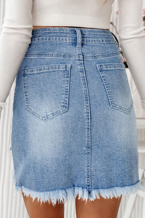 Back view of Distressed Raw Hem Heart Denim Skirt