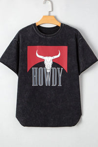 Black t-shirt with red bull graphic and 'HOWDY' text on a white background