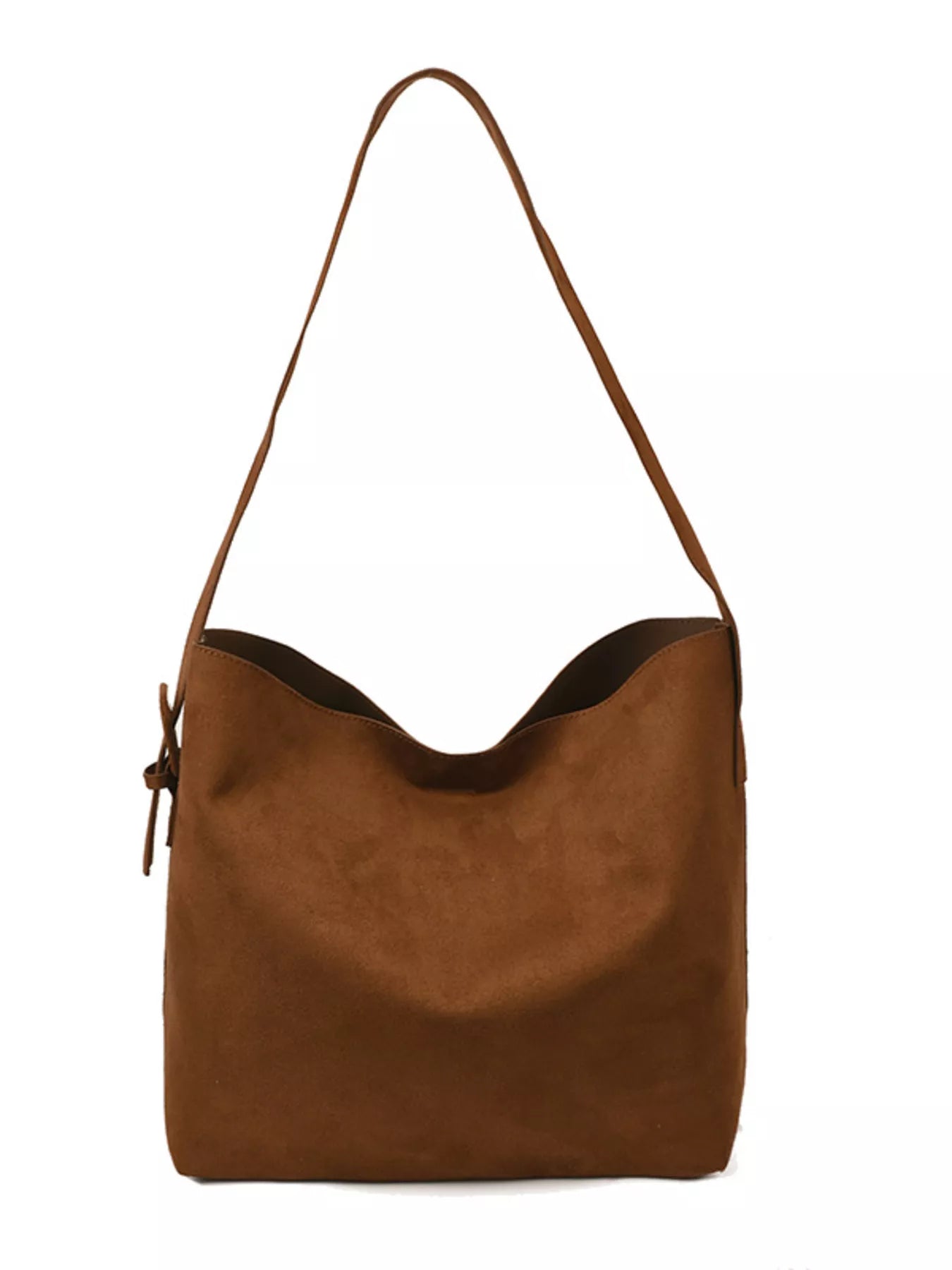 Brown leather handbag with a strap on a white background