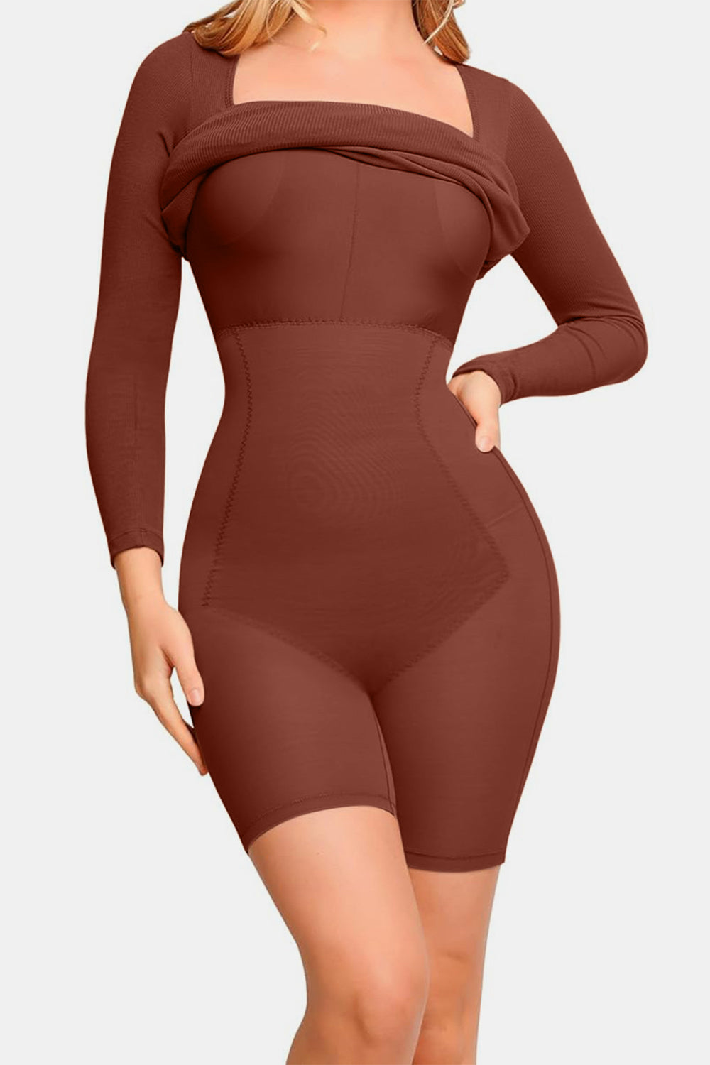 view of spanks spanks under Basic Bae Full Size Built-In Shapewear Square Neck Long Sleeve Dress