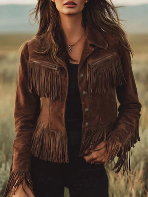 Suede Fringe Button Up Jacket
