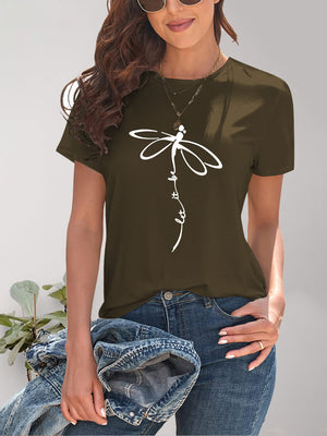 Dark green Dragonfly Graphic Round Neck Short Sleeve T-Shirt