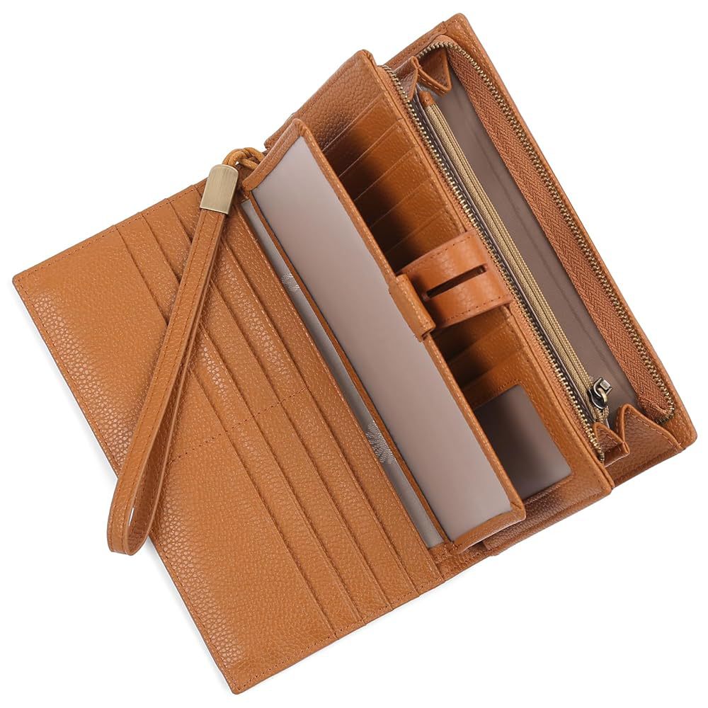 Brown leather wallet with a strap on a white background