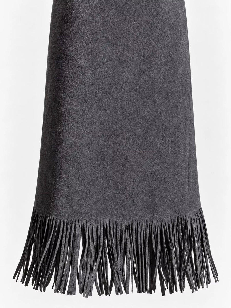 This picture shows the fringes on High-Waisted Fringe Midi Skirt