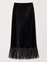 Another full view of black High-Waisted Fringe Midi Skirt on a white background