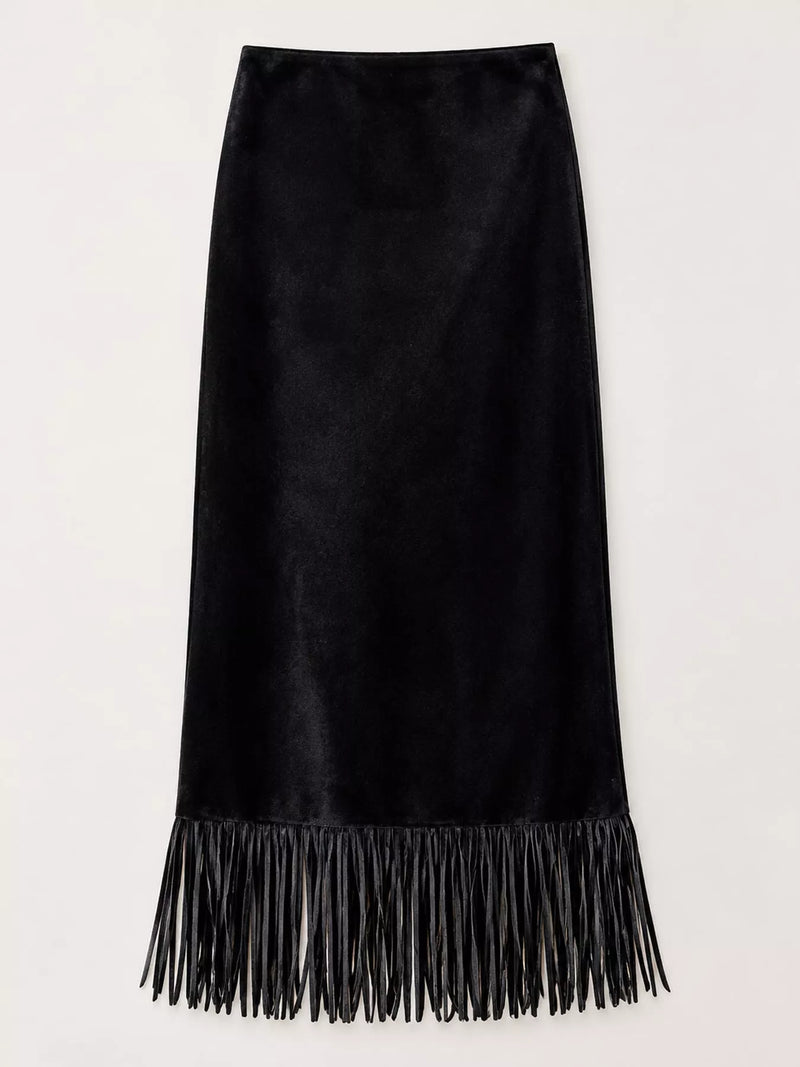 Another full view of black High-Waisted Fringe Midi Skirt on a white background