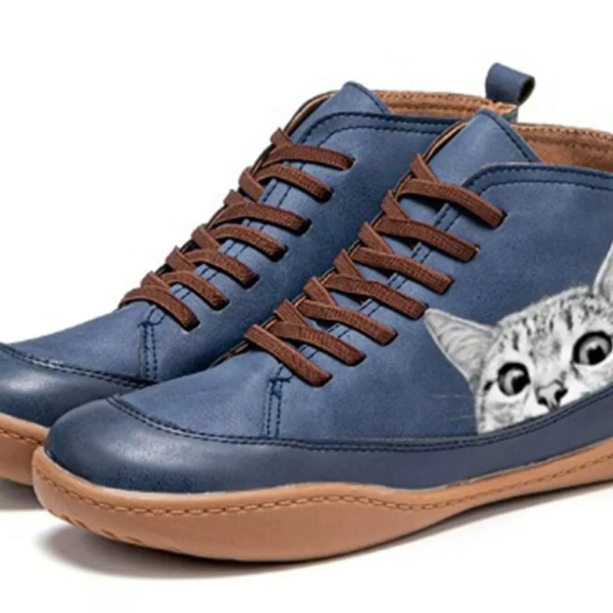 Blue sneakers with brown laces and a cat design on a white background