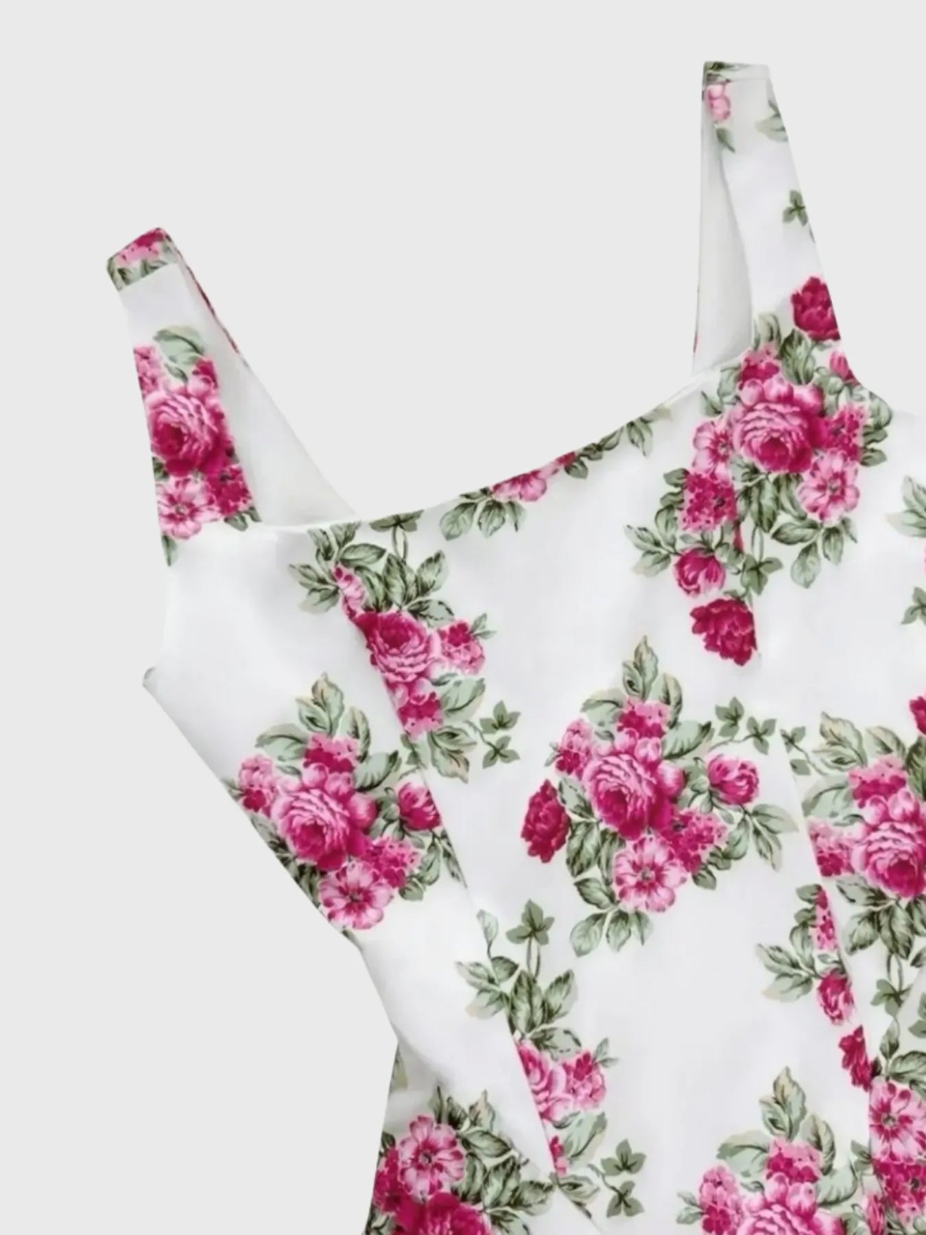 Floral dress with pink roses on a white background