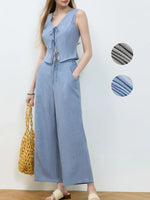 Woman wearing a blue jumpsuit with close-up color swatches on a white background