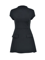 Black dress with a fitted silhouette and two front pockets on a white background