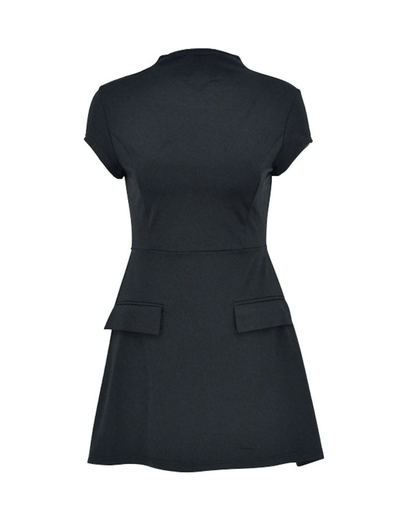 Black dress with a fitted silhouette and two front pockets on a white background