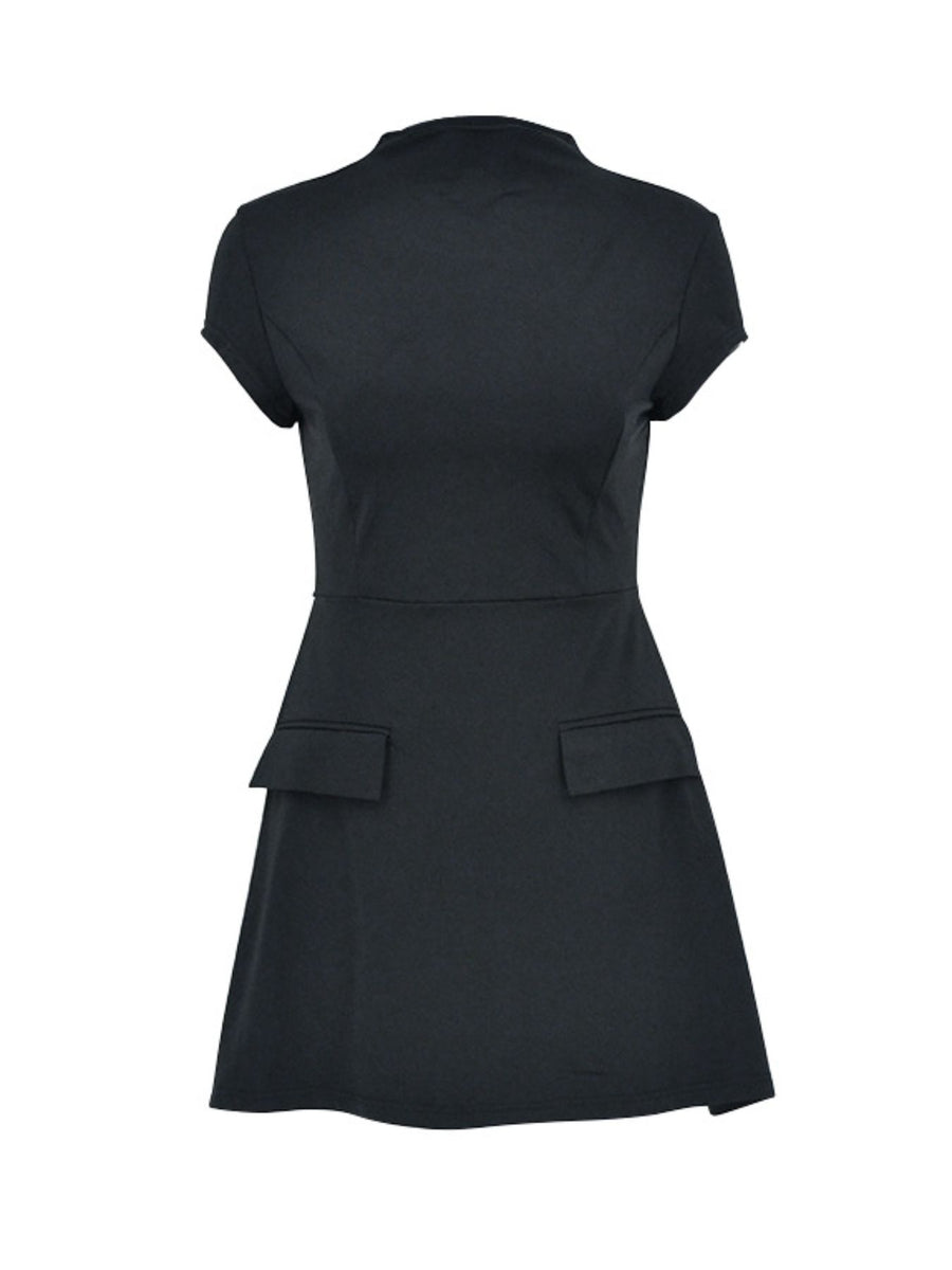 Black dress with a fitted silhouette and two front pockets on a white background