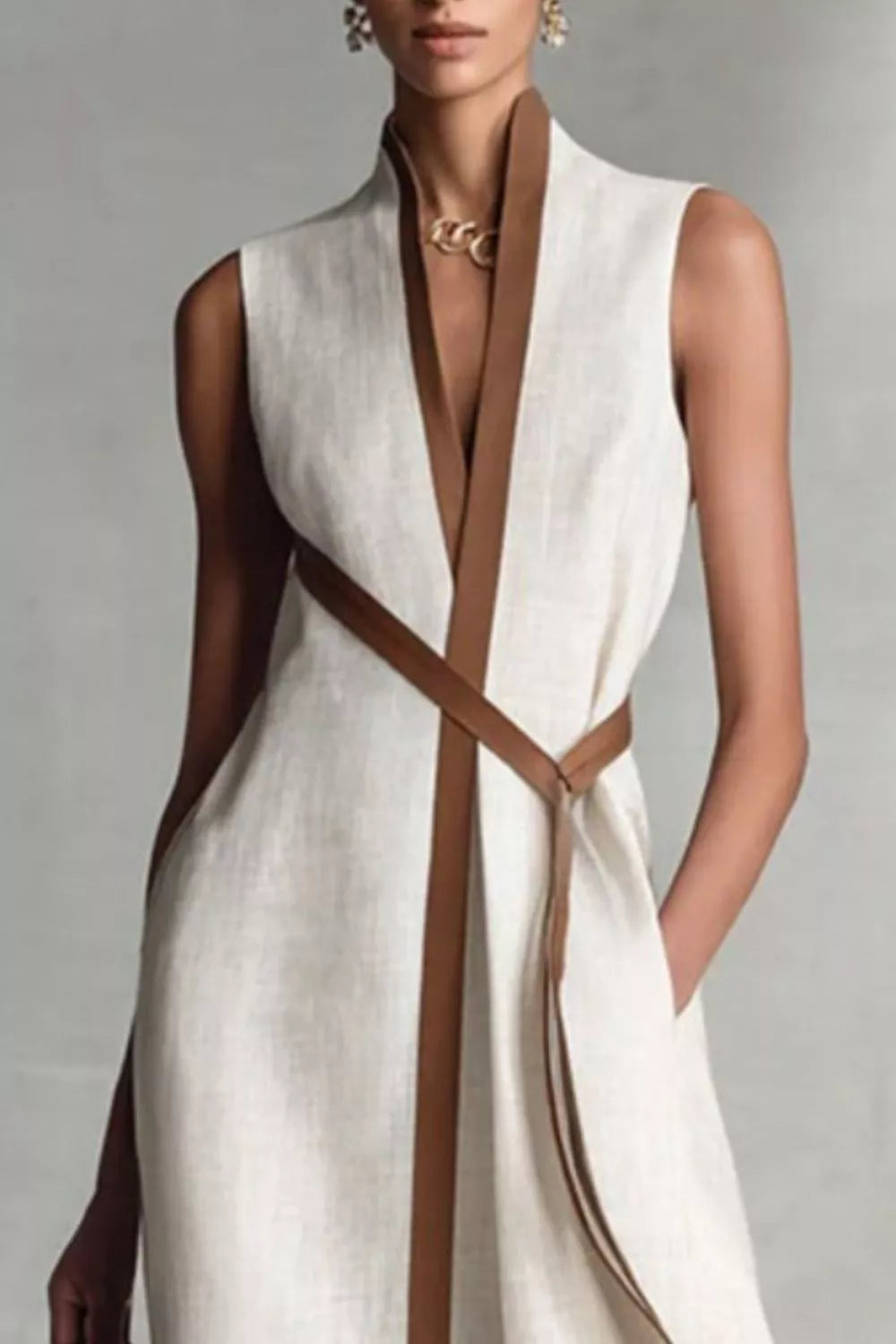White sleeveless dress with brown straps on a gray background