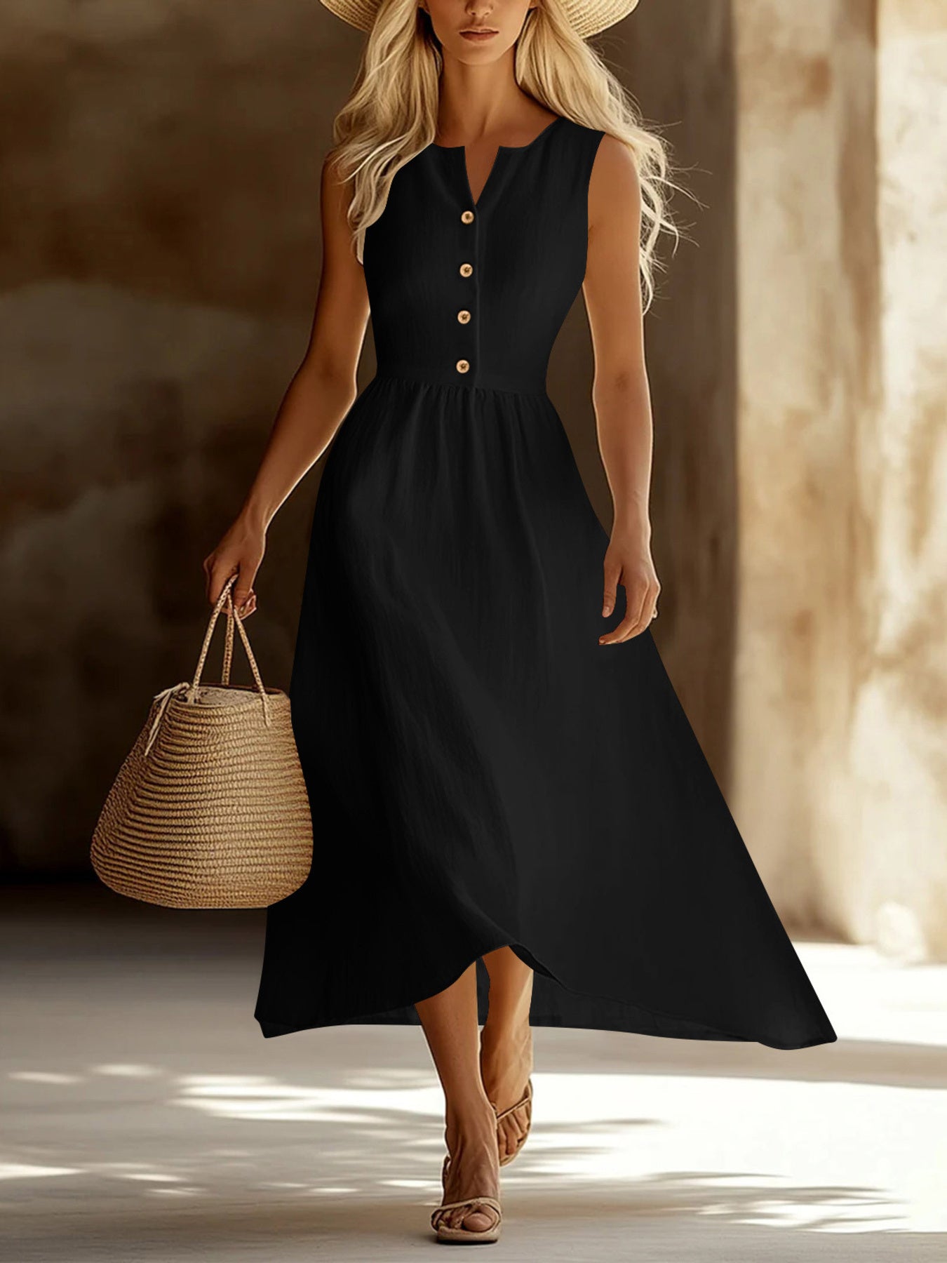 Woman in a black sleeveless dress holding a straw bag in a warm-toned setting