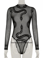 Black sheer long-sleeve bodysuit with a large snake print on a mannequin torso against a white background.