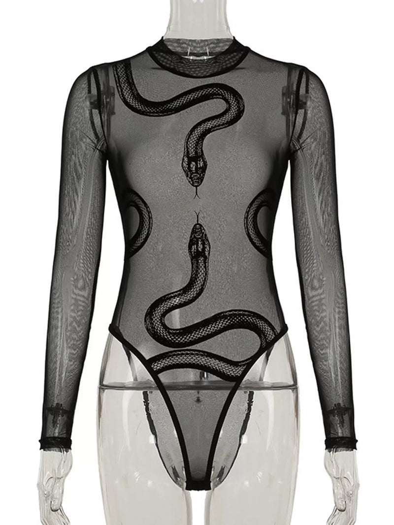 Black sheer long-sleeve bodysuit with a large snake print on a mannequin torso against a white background.
