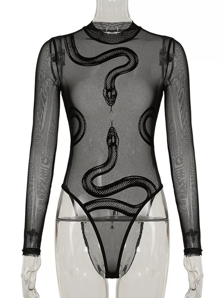 Black sheer long-sleeve bodysuit with a large snake print on a mannequin torso against a white background.