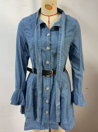 Blue denim dress on a mannequin against a plain background